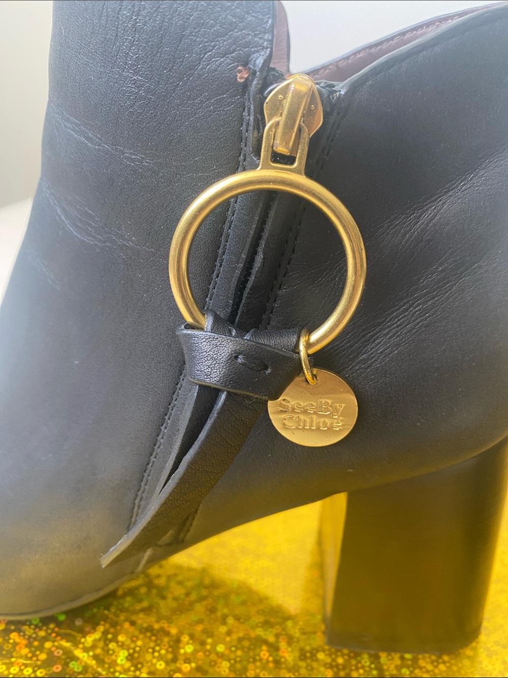 See By Chloé Black Leather Ankle Boots with Gold Rings - Picture 5 of 10